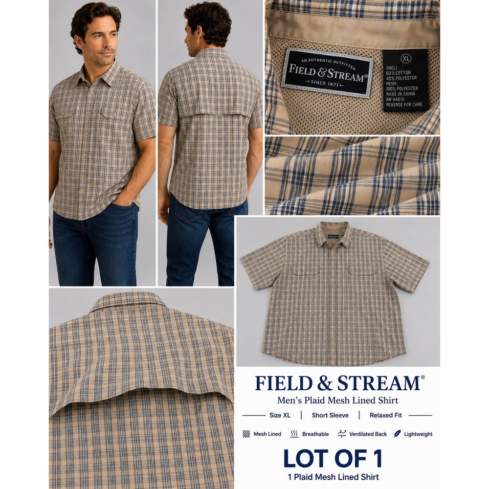 Field & Stream Mens XL Plaid Mesh Lined Ventilated Short Sleeve‎ Fishing Shirt
